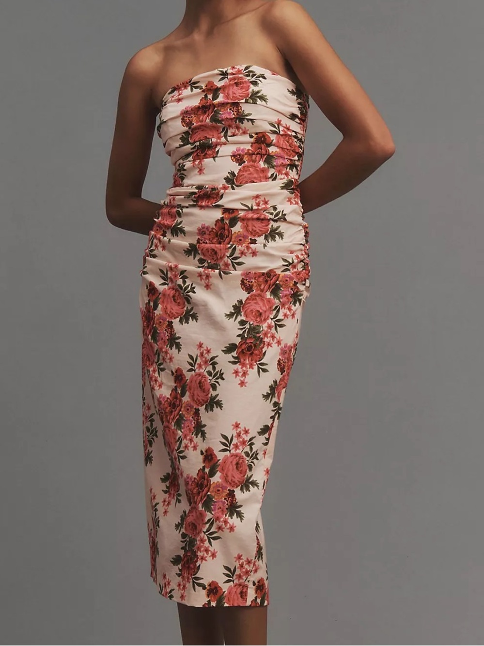 Anthropologie The Soleil Slim Strapless Ruched Dress floral